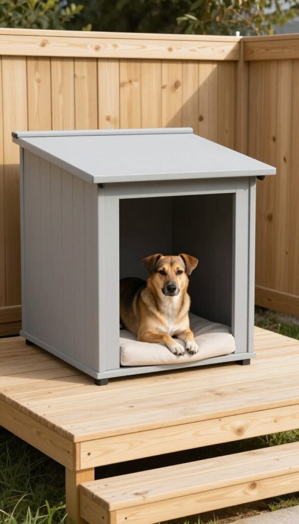 Modern minimalist dog house with deck and sunbathing dog