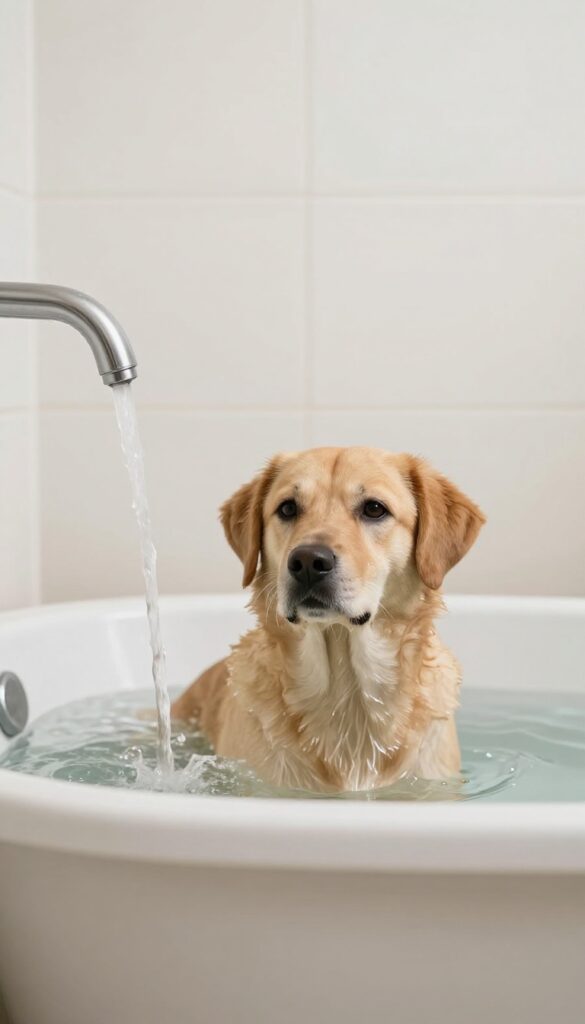 A dog enjoying a warm bath in a home setting, with gentle water flow and natural lighting to illustrate comfortable grooming practices.