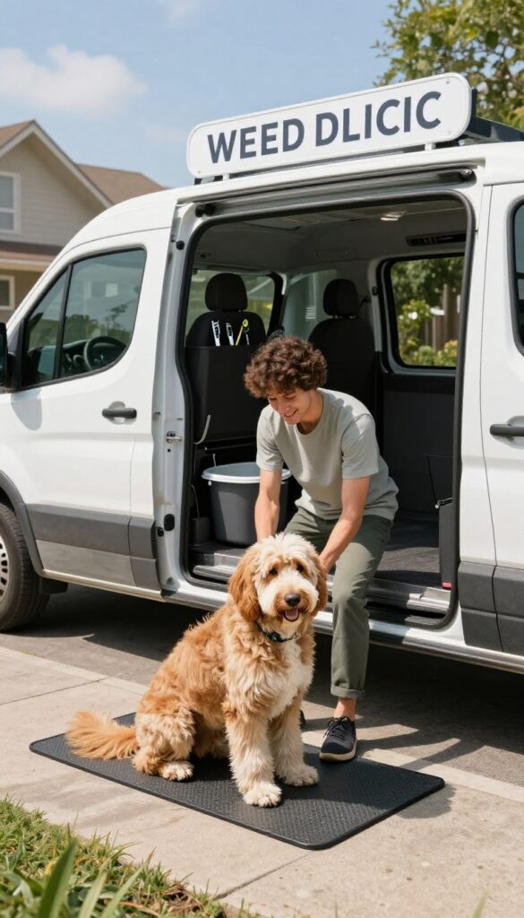 A mobile grooming van on a budget, showing a groomer drying a dog outside the van in natural light, with organized tools inside, representing convenient and affordable pet care services.