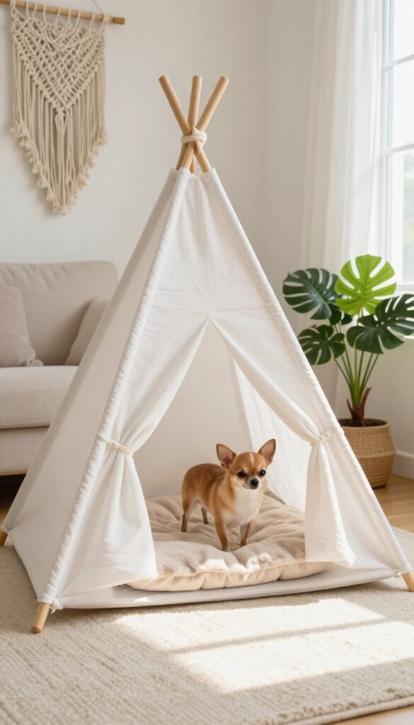 White fabric teepee dog house on a rug with a Chihuahua peeking out in a bright boho living room