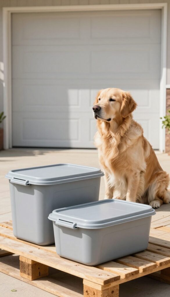 Outdoor-rated large dog food container on a patio pallet with a golden retriever nearby.
