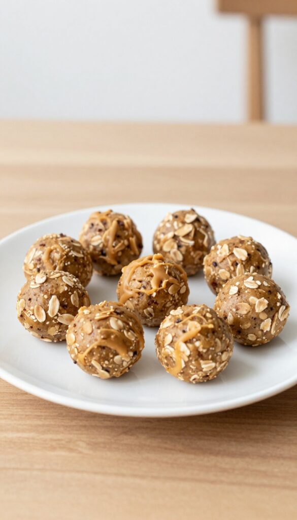 Close-up of no-bake peanut butter energy balls for dogs on a plain white plate, showcasing homemade dog treat texture in natural light.