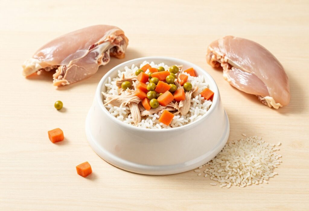 A homemade dog food bowl with shredded chicken, rice, carrots, and peas, surrounded by raw ingredients on a wooden surface, representing wholesome recipes for everyday canine meals.