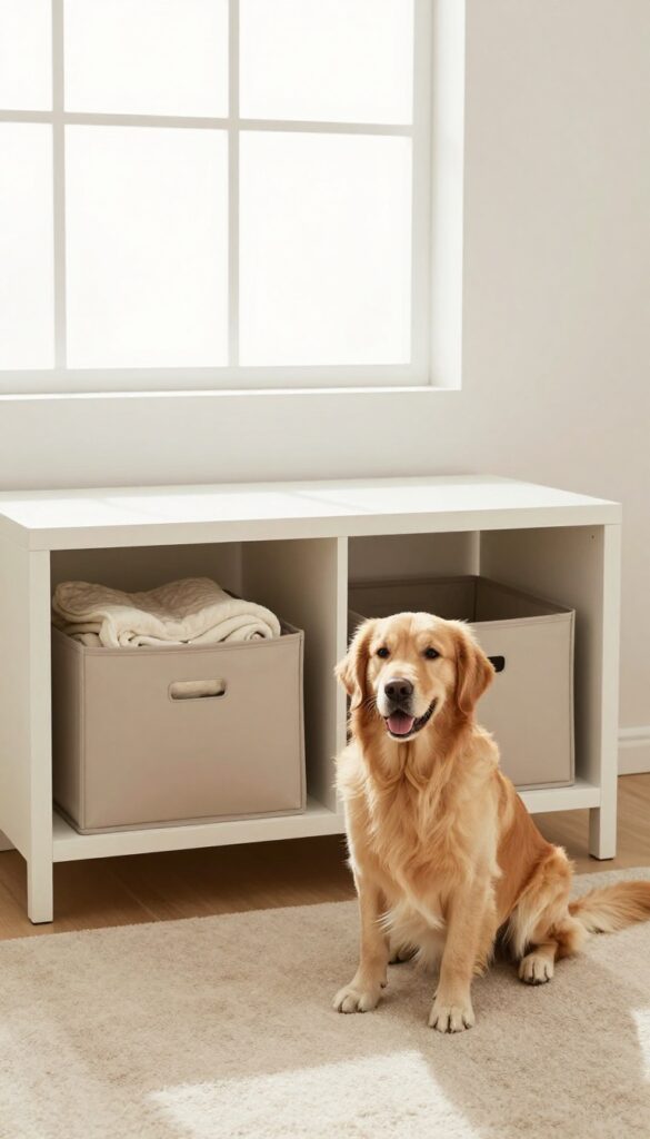 Under-bed storage bins for dog supplies in a tidy bedroom with a Golden Retriever