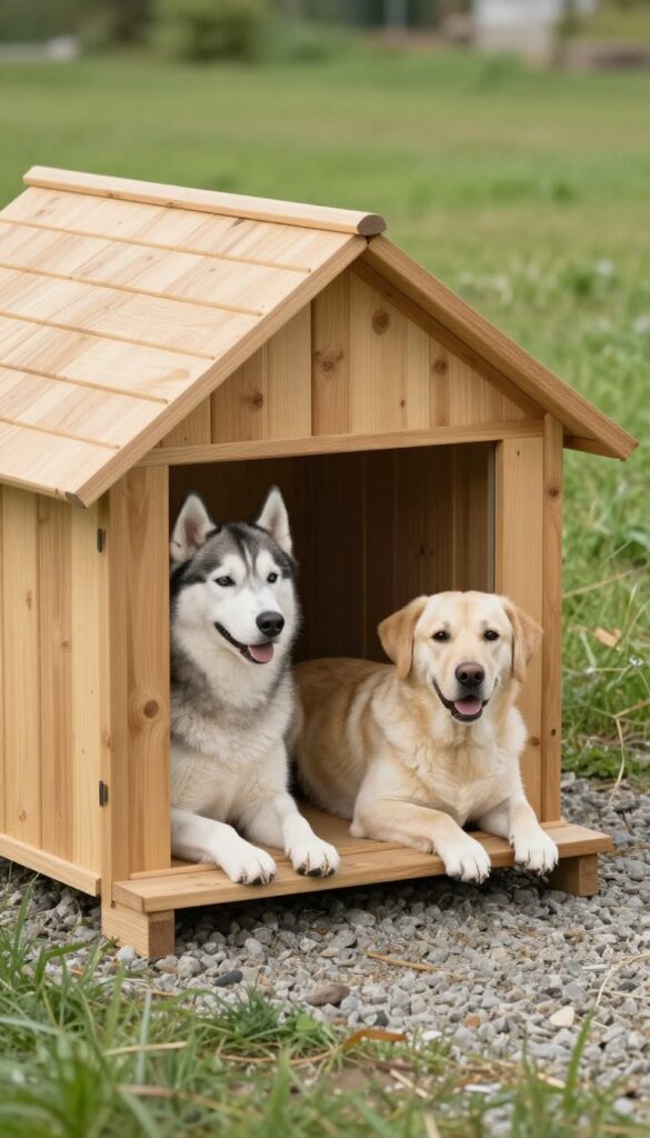 Two dogs sharing an insulated outdoor dog cabin in a backyard