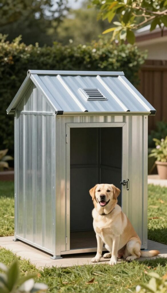 Metal dog house with ventilation ridge in a sunny backyard with a dog sitting beside it.