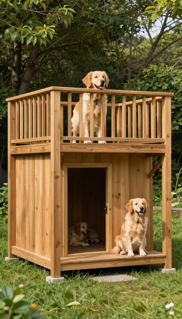 Two-story wooden dog cabin with a Golden Retriever on the upper deck and another dog by the lower entrance in a sunny backyard.