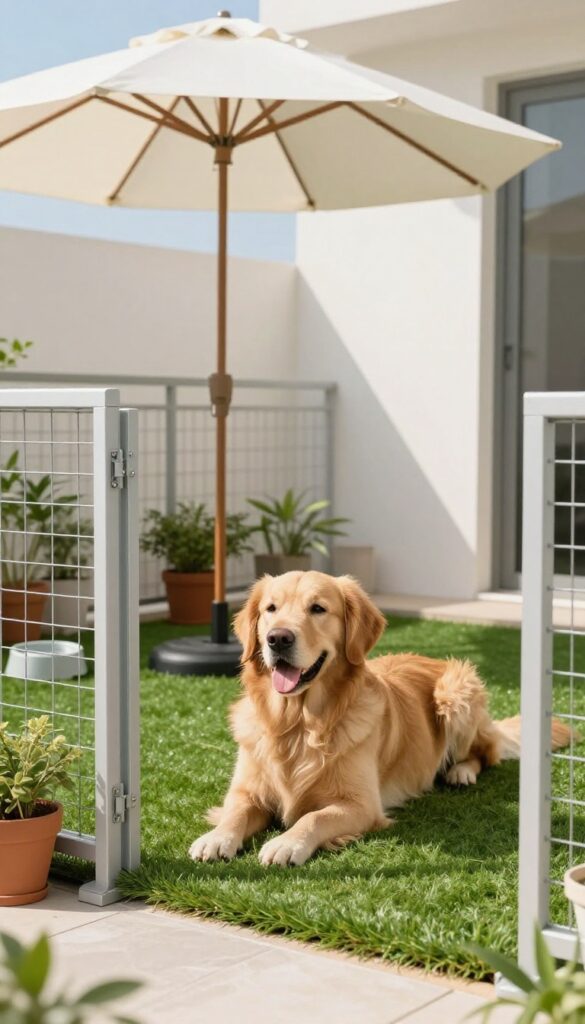Secure fenced balcony dog zone with artificial turf and shade for a Golden Retriever