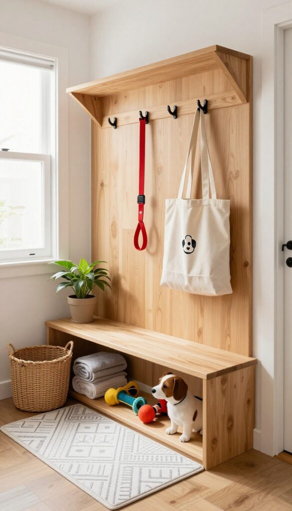 Stylish multi-functional entryway with built-in bench, hooks for dog leash, and storage basket for dog gear, designed for apartment living.