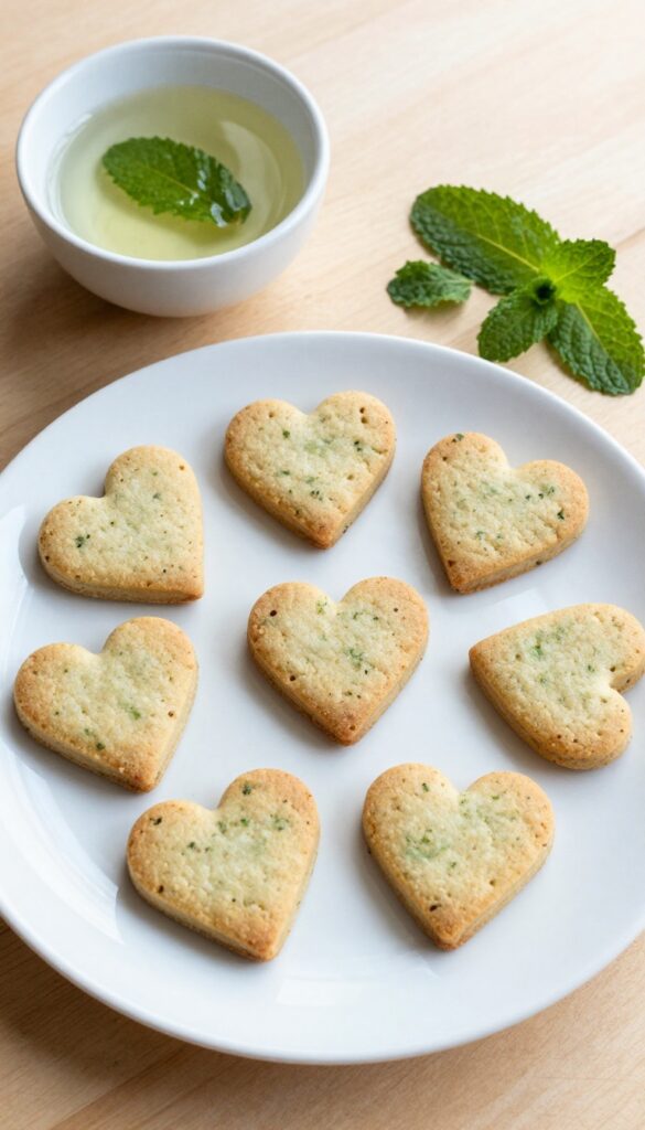 Homemade minty heart-shaped dog biscuits with green herb speckles, arranged on a plain plate with fresh mint and parsley, in bright natural light for a dog treat blog.
