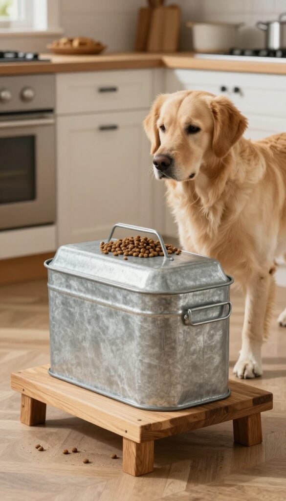 A galvanized steel bin on a wooden stand storing dog food in a rustic farmhouse-style kitchen, with a dog nearby.