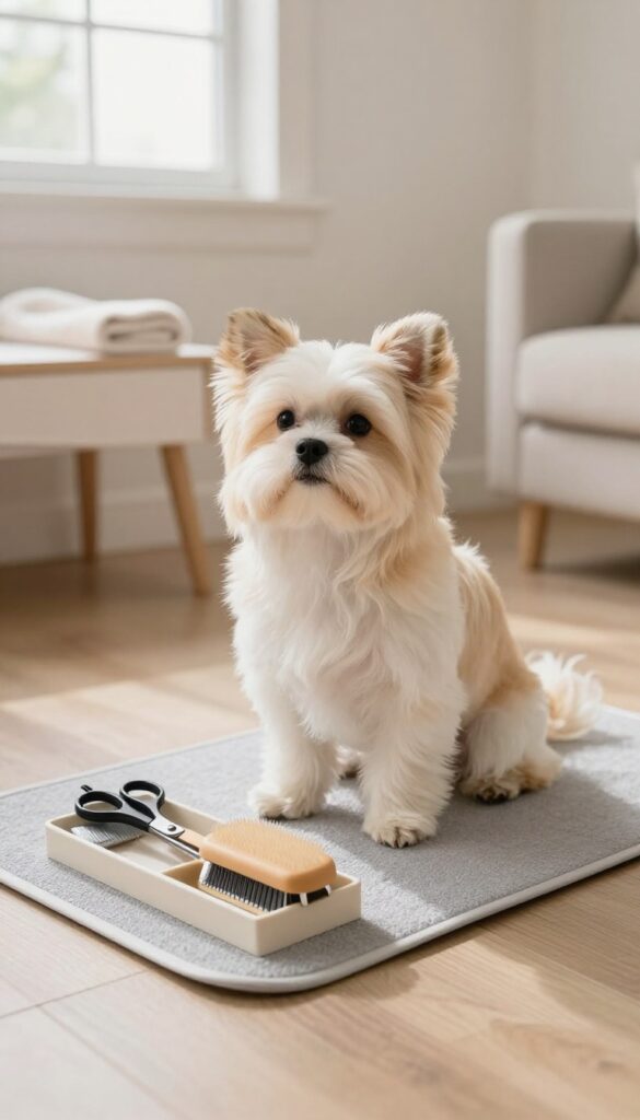 A long-haired dog being groomed at home in a cozy corner with natural light, showing tools like scissors and brush for easy daily maintenance.