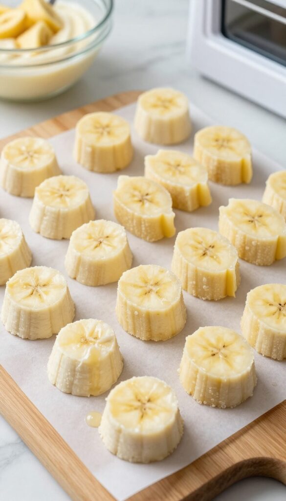 Close-up of homemade banana yogurt dog drops, tiny frozen treats on parchment paper, with mashed banana and yogurt mixture in a bowl, set in a bright, clean kitchen scene for a dog recipe blog.