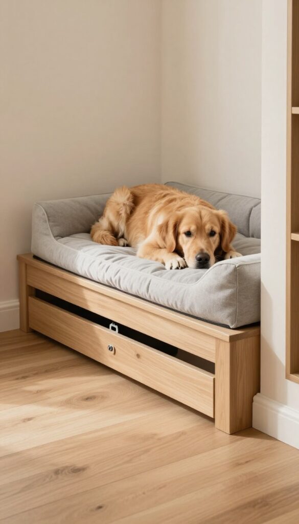 Built-in dog bed under stairs with cushion storage drawer