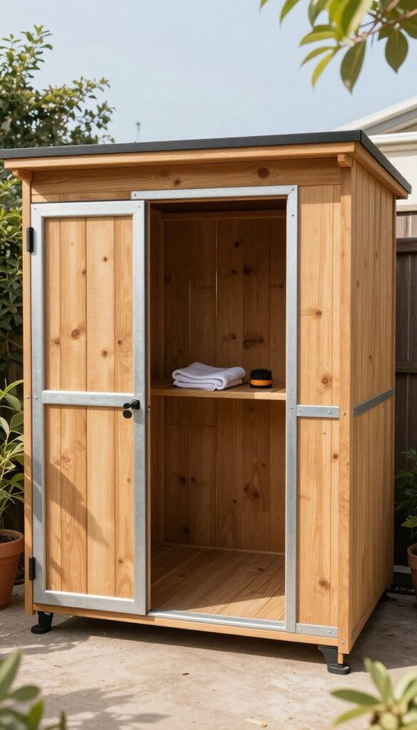 A durable weatherproof dog grooming shed in a backyard, showcasing treated wood and metal materials under natural light, with grooming tools inside for practical use.