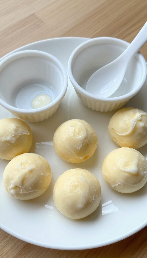 Homemade frozen sweet potato yogurt drops for dogs, served on a plain plate with a silicone mold, showcasing a creamy and icy texture in natural light.