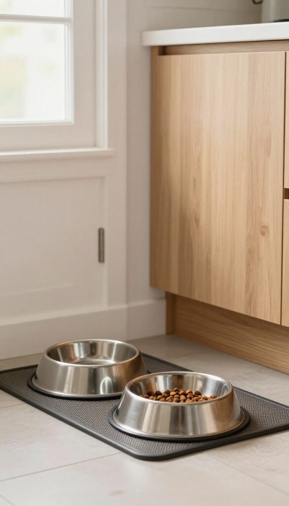 A dedicated dog feeding station with a non-slip mat and stainless steel bowls in a bright, clean corner of a home.