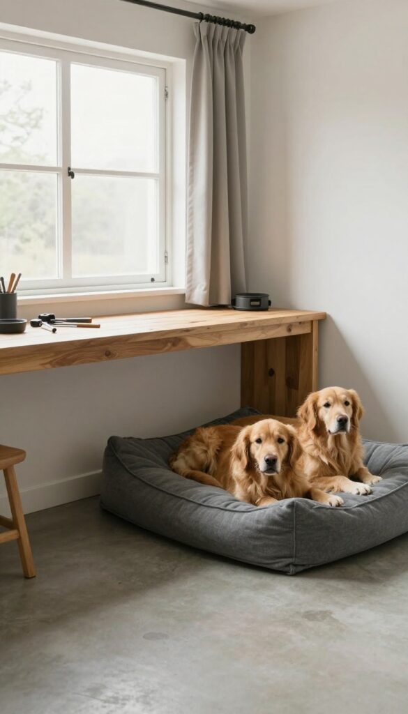 Built-in dog nook under workbench in garage with cozy cushion and curtain