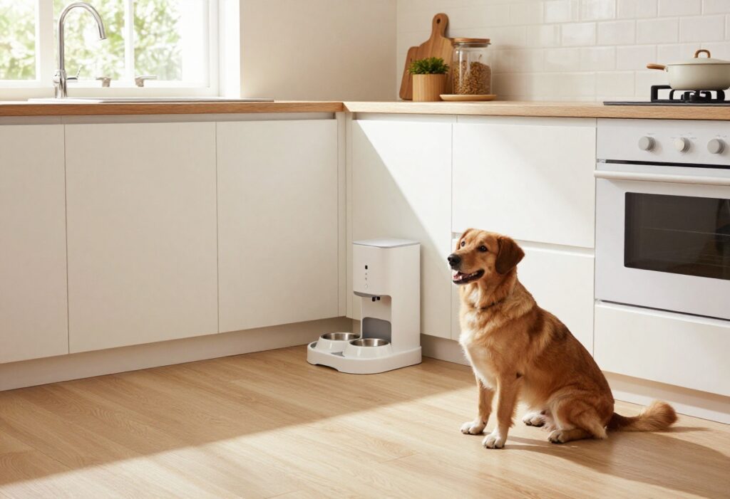 A wall-mounted dog food dispenser in a small kitchen with a dog nearby, illustrating smart storage for compact homes.