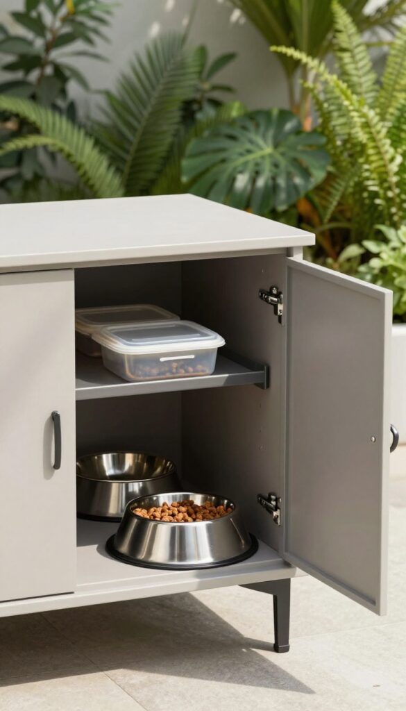 An organized outdoor patio cabinet for dog feeding supplies, showing bowls and containers in bright natural light.