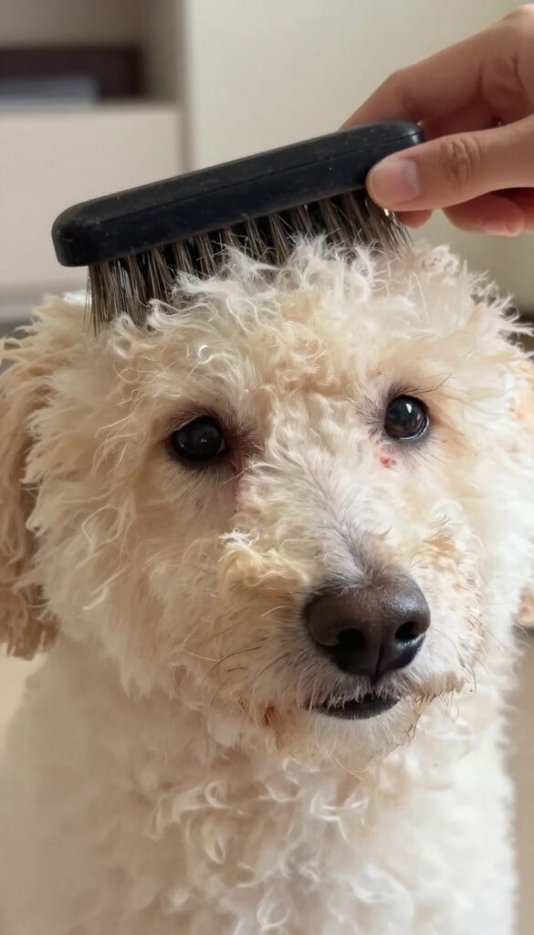 Close-up of a poodle's face being gently checked for skin irritation before grooming, highlighting calm and careful handling in natural light.
