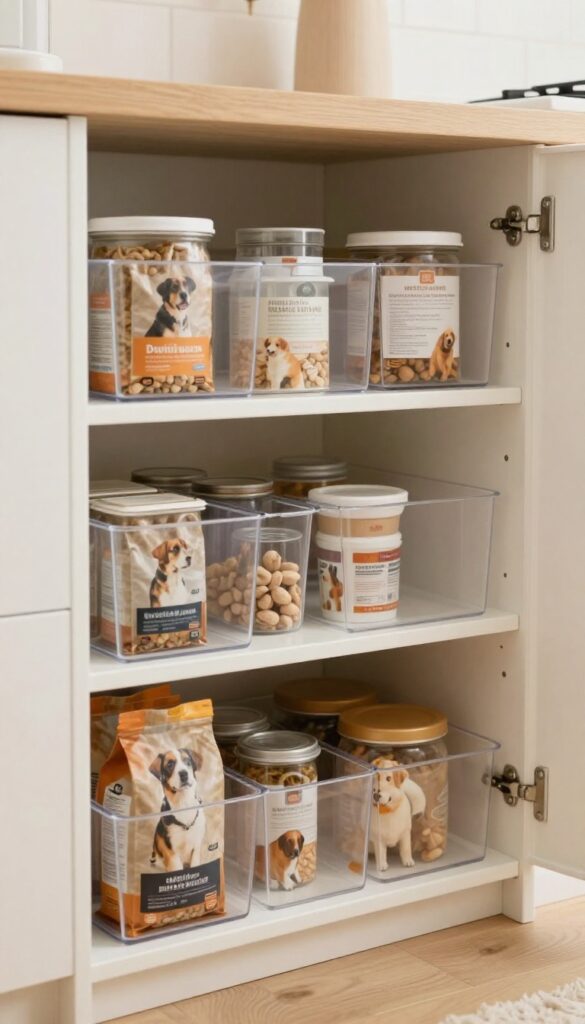 Under-shelf bins in a pantry or closet storing dog food bags or containers for organized storage in small spaces.