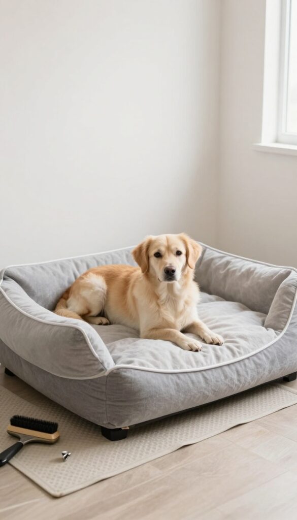 A comfortable dog resting spot in a grooming salon, featuring a soft bed on a non-slip surface to reduce stress during breaks.