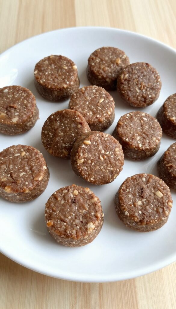 A close-up of homemade beef and oat energy bites for dogs, arranged on a white plate with natural lighting, showcasing nutritious dog treat ideas.