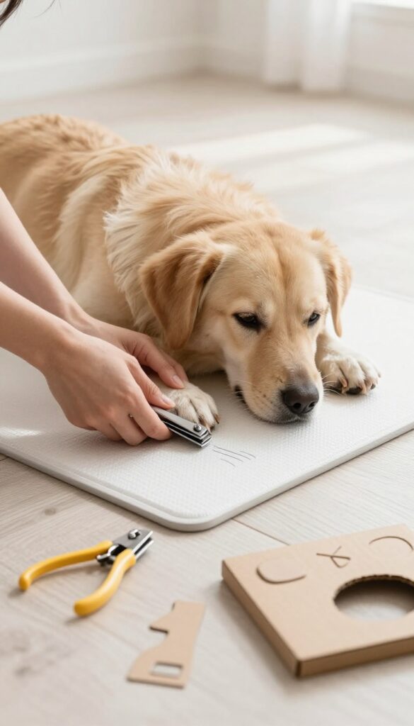 A dog's paw being held for nail trimming with marked clippers and a DIY cardboard guide in a well-lit home setting, illustrating safe and confident grooming.