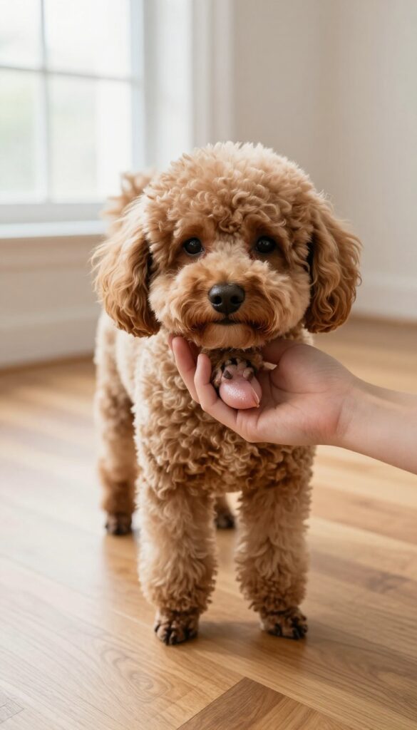 A close-up view of a Maltipoo's paw with trimmed fur between pads to prevent slipping on floors.