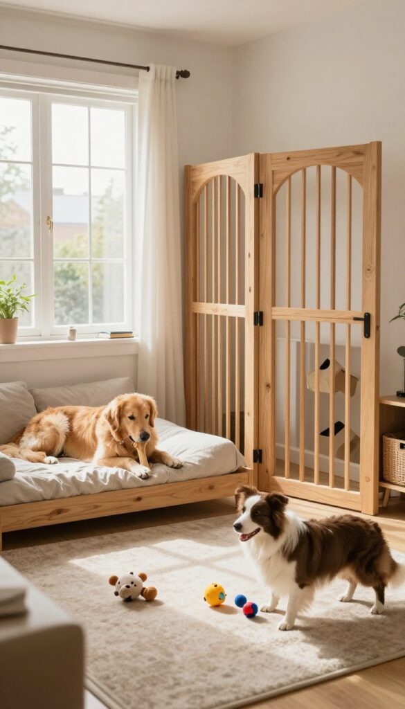 Room divider creating separate play zones for two dogs in a bright living room