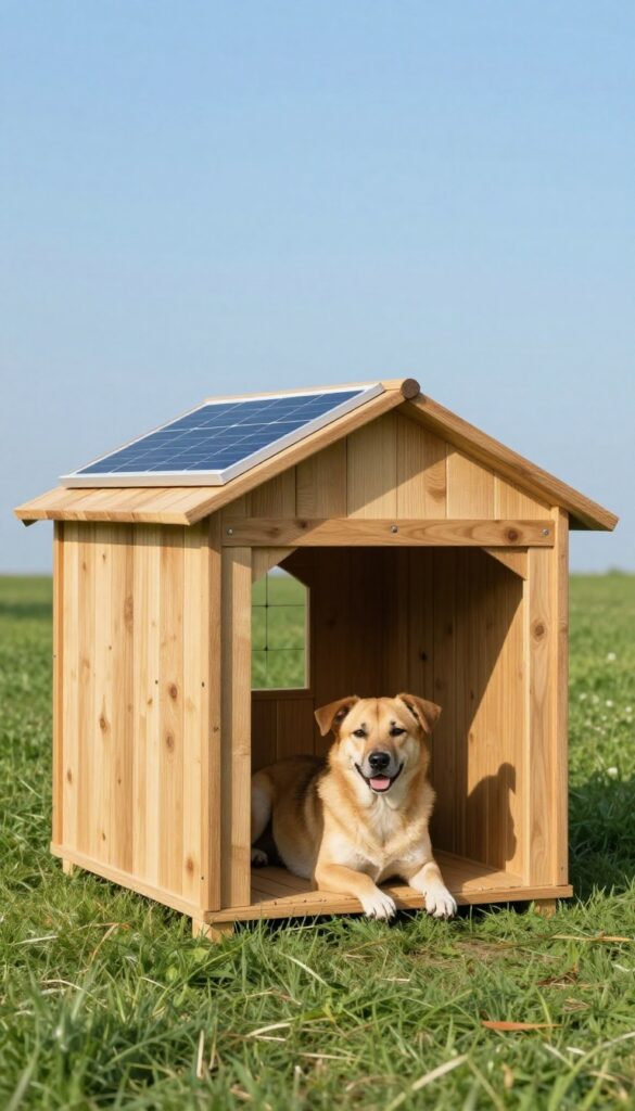 Solar-powered heated dog house with solar panel on roof and dog resting inside