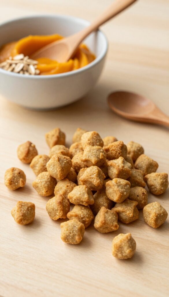 Small, crunchy pumpkin dog treats for training, arranged on a wooden surface with ingredients in a bowl, in a bright, clean kitchen setting.