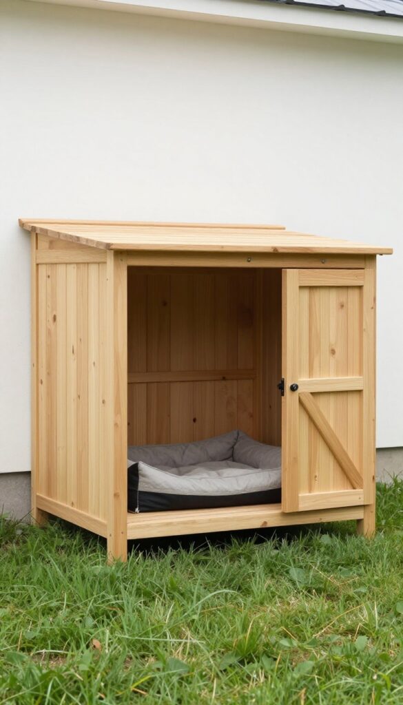 Custom built-in wooden dog kennel on the side of a house with a sloped roof and hinged door, featuring a weatherproof dog cot inside.