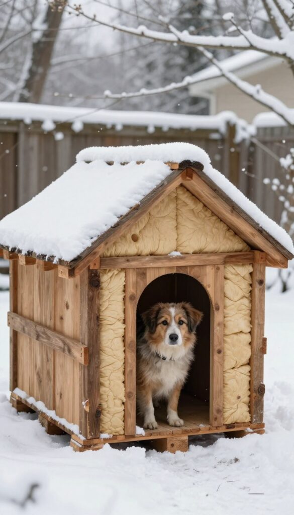 DIY pallet dog house with insulation in snowy backyard, dog peeking out