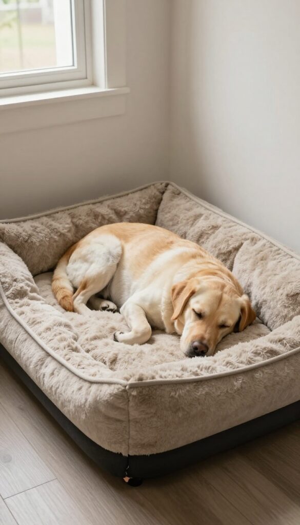 Heated dog bed with chew-resistant cord in a dog house