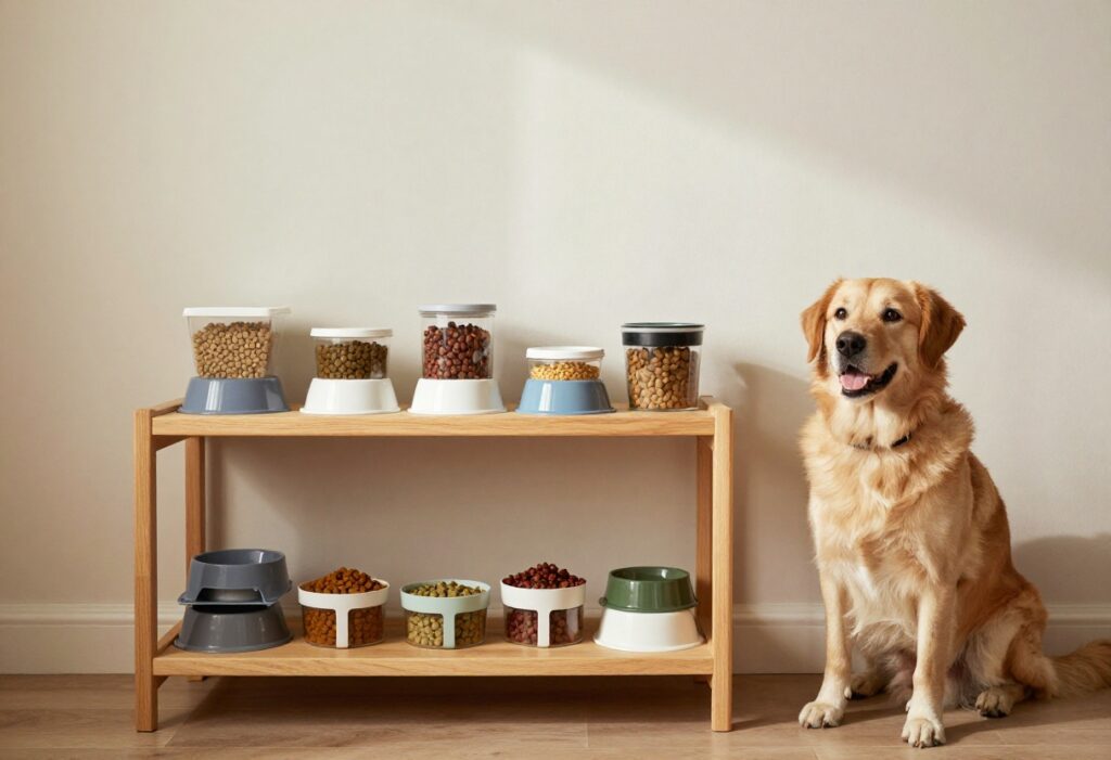 DIY dog food station with wooden shelves, bowls, and containers in a tidy home, showing a happy dog nearby.
