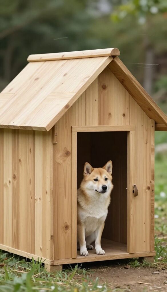 Rustic pallet dog house with windbreak side panels in a windy backyard, dog sitting at entrance
