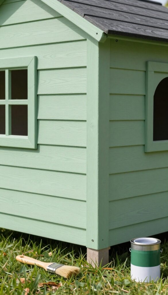 Freshly painted wooden dog house exterior in soft sage green with paint brush and can nearby.
