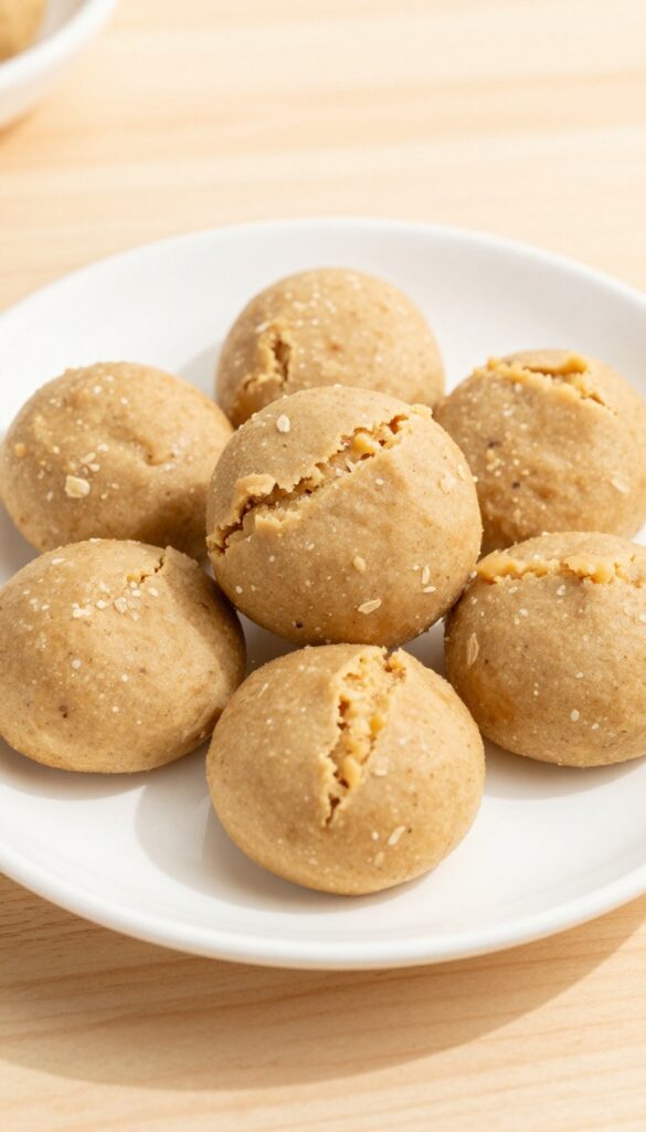 Soft peanut butter banana dog treats on a plain plate, showcasing homemade, chewy texture for dogs with sensitive teeth.