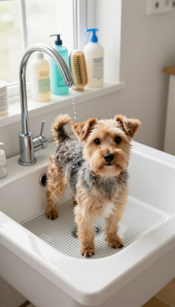 A compact sink grooming area with a spray attachment for dog washing in a small utility space, featuring a dog on a non-slip mat with grooming supplies nearby.