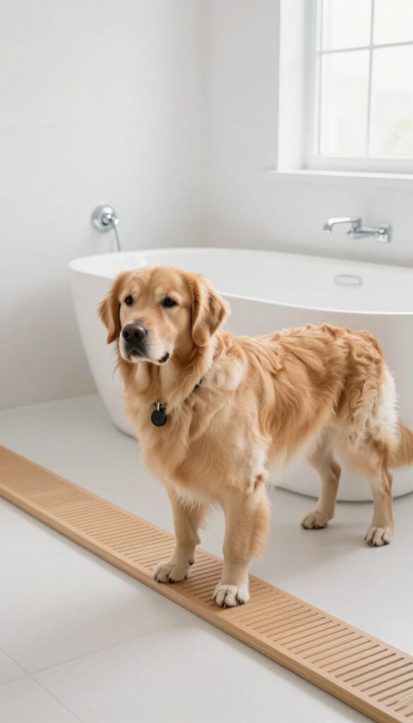 A dog using a non-slip ramp to enter a bathtub for easier bath time, with a suction cup tether for stability in a bright, clean bathroom setting.
