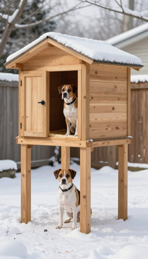 Elevated wooden dog house with insulated floor in snowy backyard