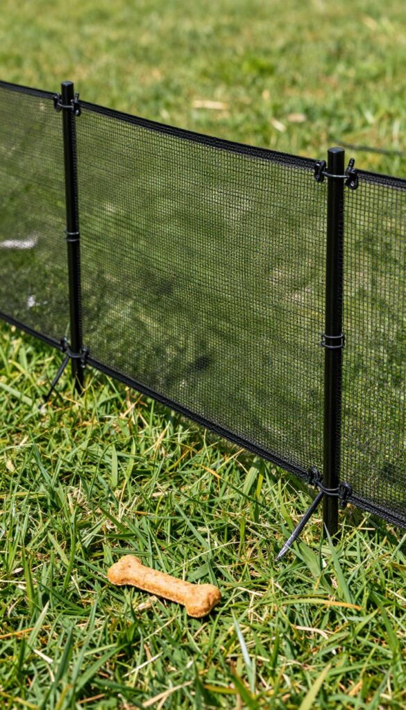 Mesh roll dog fence in a backyard with a dog treat on the grass