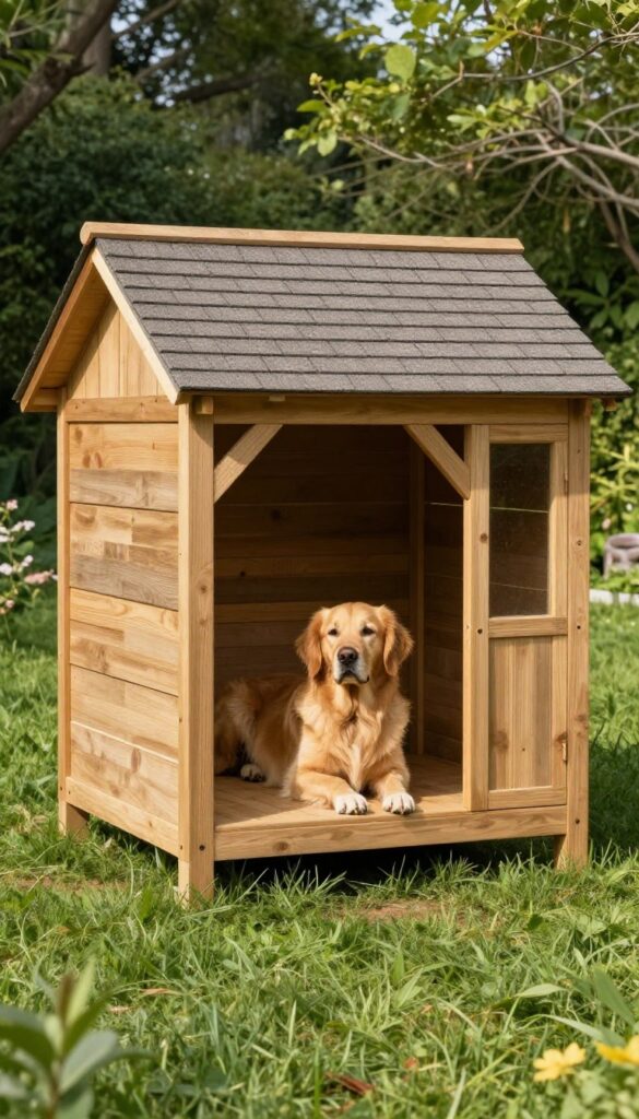 Large dog resting on covered porch of custom-built dog house with overhang in sunny backyard
