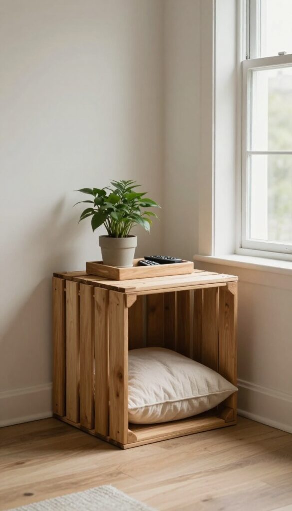 Cozy living room crate nook for dogs blending with decor