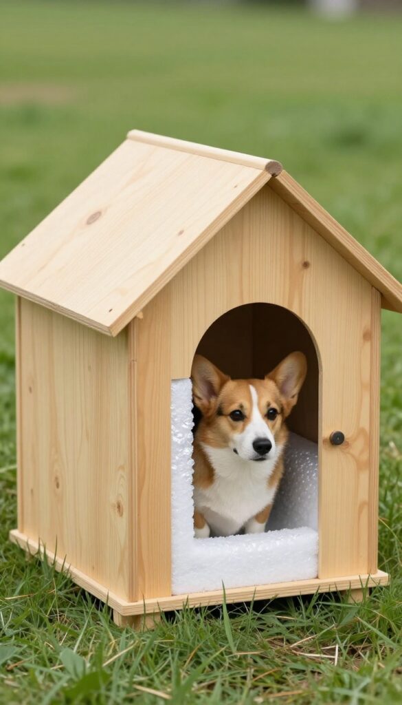 Cutaway view of insulated dog house with double walls and reflective bubble insulation