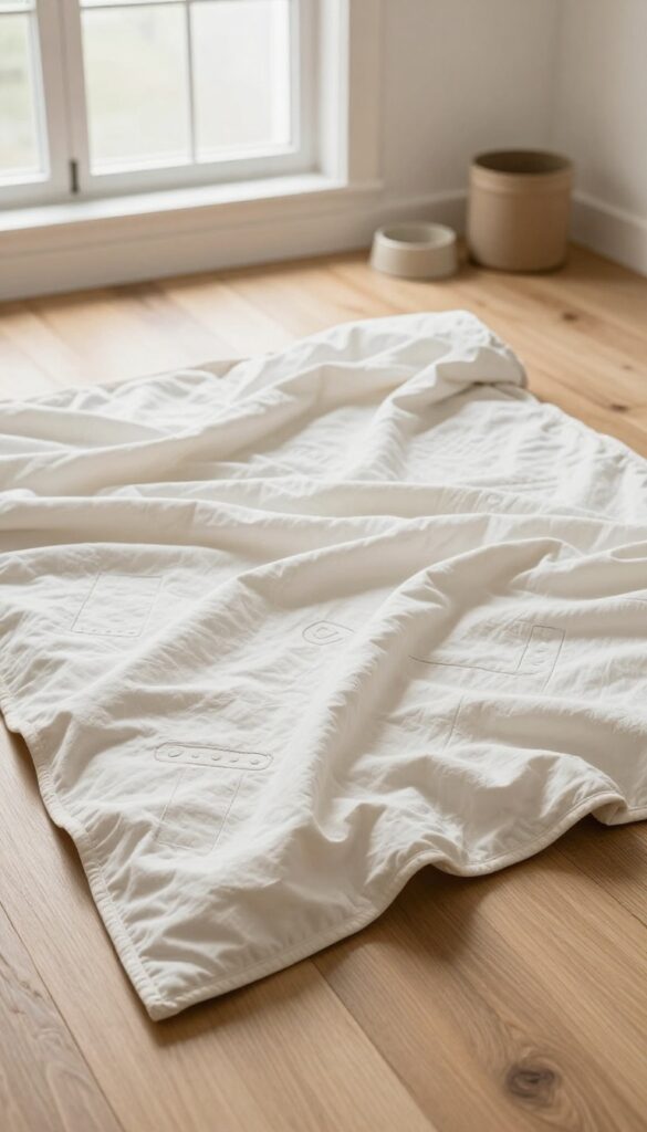 A soft dog blanket with embroidered geometric details, showcasing a handmade accessory for dogs in a bright, natural home environment.