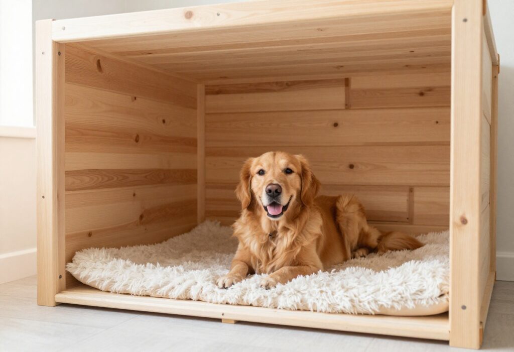 Cozy dog house interior with orthopedic bed and happy golden retriever