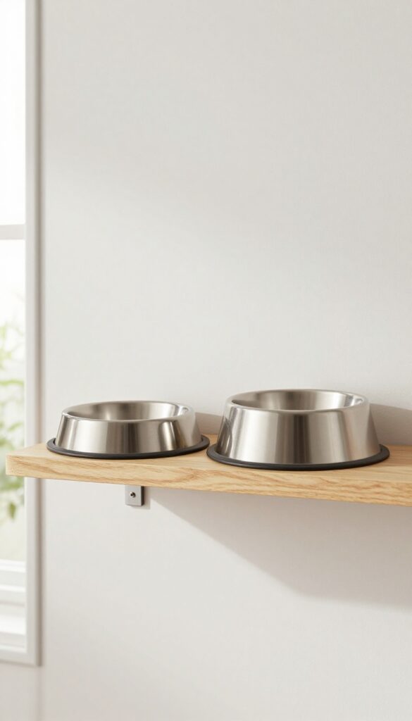 A minimalist wooden shelf with magnetic strips holding metal dog bowls in place against a wall in a modern kitchen or mudroom, designed for tidy mealtime feeding.